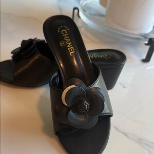 CHANEL Black Leather Camellia Slide Mules 36